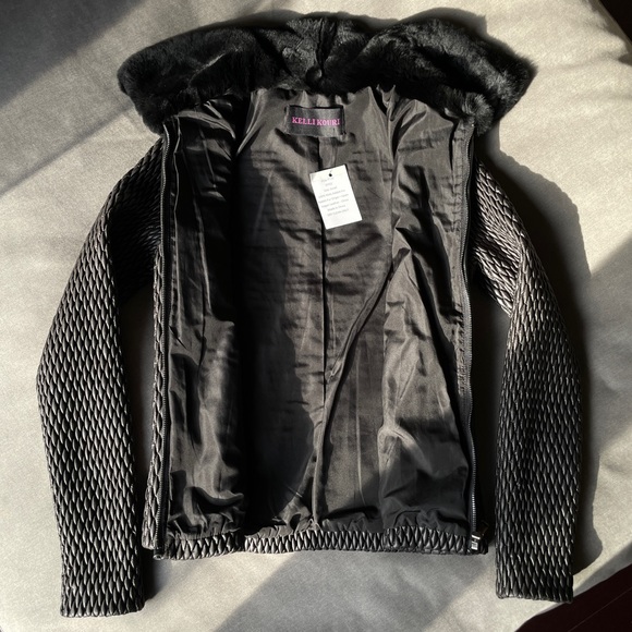 KELLI KOURI Diamond Quilted Scuba Jacket with Rabbit Fur Collar NWT - Picture 5 of 7